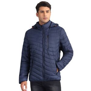 Hooded Puffer Jackets Winter Zipper Detachable Hood Padded Coat Dark Blue